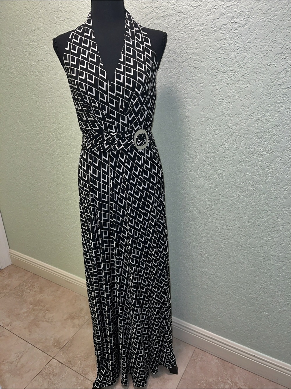 Black & White Geometric Halter Maxi Dress with Belt